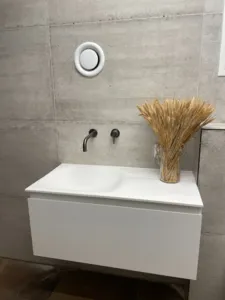 ארון אמבטיה יחיד עם כיור מובנה ועציץ בצד